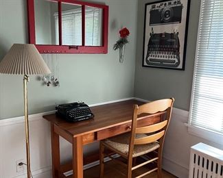 kids desk, (matches larger desk in next photo for a complete office set up) mirrored red vintage window, vintage typewriter