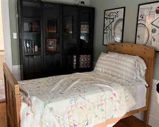 the CUTEST vintage pine twin bed with antique quilt