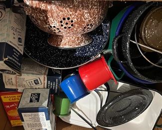 Vintage graniteware , enamelware in all colors - new old stock boxes of Ball jar zinc lids