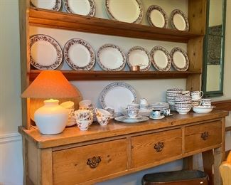 8 full 4pc place settings of Josiah Wedgwood for Williams Sonoma “Plymouth” dishes on vintage pine breakfront