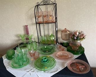 Wide variety of pink and green Depression glass