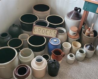 Large selection of vintage crocks, brown ware, pottery.