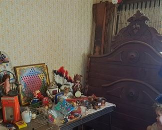 Victorian walnut bed, vintage dolls and toys