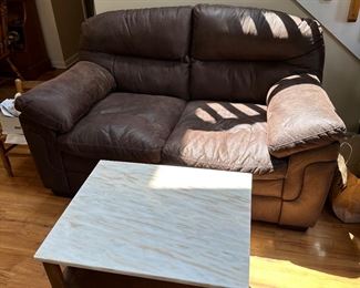 (Like NEW) Brown Love Seat (matching sofa), Marble Top End Table