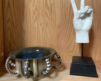 Statue of Peace Sign Hand on Base; Handmade Signed Pottery Bowl Art Piece