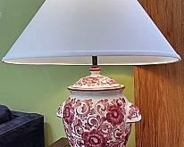 Hand Painted Red & White Portuguese Pottery Urn Jar Lamp w Shade, Working