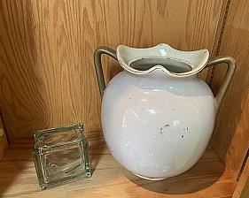 Large Greenish/ Gold Vase with Vintage Rectangle Glass Vase
Larger vase is 12” tall, 11 1/2” wide. Smaller is 4 1/2” tall, 4 1/2” wide, 3 1/8” deep and was made in West Germany.