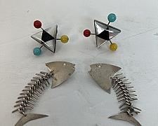 Two Pair Sterling Silver Artistic Pierced Earrings: Inlaid Atomic Fish Skeleton