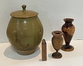 Handmade Pottery Cookie Jar with Lid; Two Turned Wood Vases