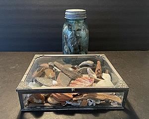Display Box w Seashells; Vintage Ball Canning Jar Filled w Bones, Bone Fragments
