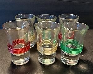 Set of 6 Matching Cordial Shot Glasses with Assorted Color Rings