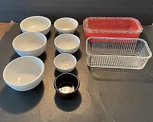 1930’s Jeanette Red Refrigerator Dish w Lid; One Clear, Without Lid; 7 Bowls
