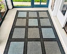 Blue, Black & Gray Outdoor/ Indoor Flat-woven Rug, 1 of 2, approximately 110” x 69.25”