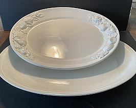 Two Large White Oval Serving Platters, One Embossed Made in Italy