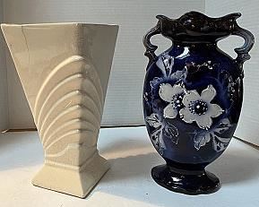 Art Deco Vase and Antique Cobalt Blue Vase w Hand-Painted Flowers