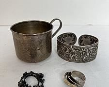 Sterling Silver! Baby Cup Beautiful ABM Monogram; S Kirk & Son Floral Repoussé
Cuff Bracelet with Crack; Floral Cameo Frame, Made in Germany (no cameo); Artist Made Ring, size 6.5