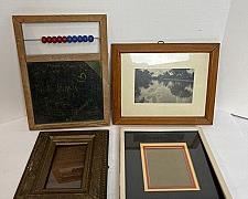 Antique and Vintage Frames w Glass, One with Photograph; Vintage Chalkboard w Abacus