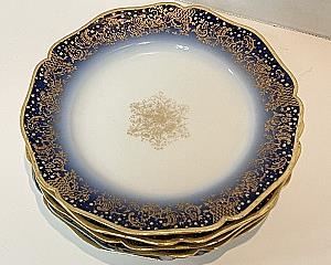 Set of 5 Limoges France 6” Plates, Blue & White with Gold Accents