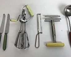 Vintage Kitchen Tools and Utensils: Eggbeater, Chopper, Ladle, Knives