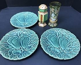 Vintage: Enameled Gilded Hand Painted Green Vase; Hand Painted Japanese Sugar Caster Castor Sprinkler; Three 8” Majolica Pear Motif Plates