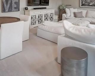 Restoration Hardware pedestal table & four white chairs; Arhaus lattice front console; Haverty’s/ High Point sectional L- sofa with ottoman 