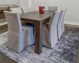 Restoration Hardware reclaimed wood parsons dining table; Trove slip covered dining chairs 