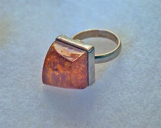 LARGE CHUNK AMBER AND SILVER RING