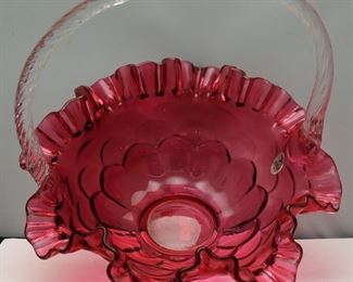 FENTON ART GLASS CRANBERRY RUFFLED EDGE TOP BRIDES BASKET
