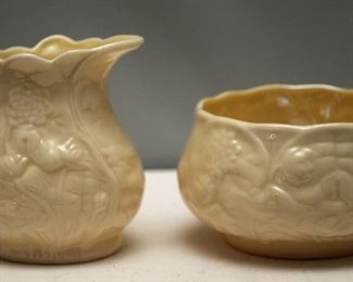 IRISH BELLEEK PORCLAIN CREAM AND SUGAR GREEN MARK