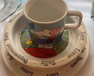 Vintage Charlie Brown children's plate, bowl, cup.