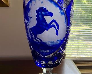 Cobalt blue cut glass vase