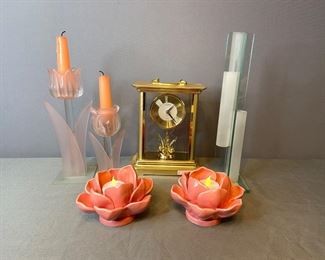 Linden Mantle Clock, Candle Holders and Bud Vase