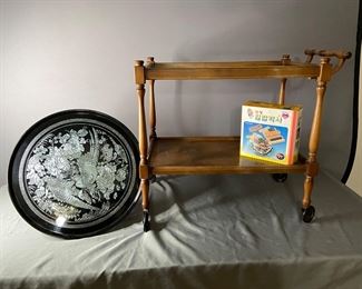 Wood Rolling Serving Cart and Round Mini Table