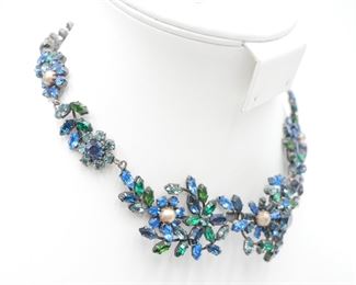 Blue & Green Rhinestone Flowers Necklace 