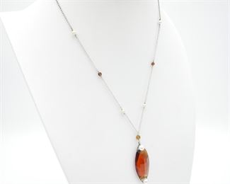 Amber Tone Glass & Freshwater Pearl Sterling Silver Necklace 