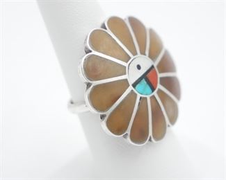 A. Gasper Sterling Silver Zuni Sun Ring w/MOP and Turquoise Inlay 