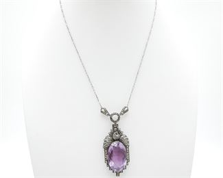 Antique Sterling Silver Necklace w/Amethyst & Marcasite (c.1920s) 