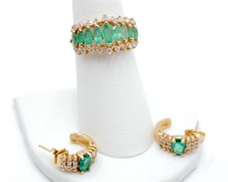 14KP Gold Ring and Earrings w/Emeralds & Diamonds 