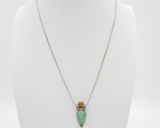 Sterling Silver, Chrysoprase & Amber Necklace - Made in Italy 