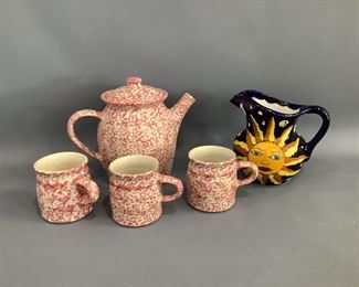 Country Home Teapot W/ Roseville Mugs & Mexican Ceramic Water Pitcher