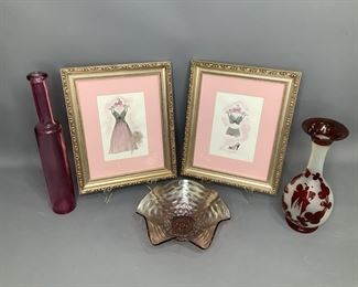 Vintage Glass Vase, Bottle and Bowl Plus Two Boudoir Prints