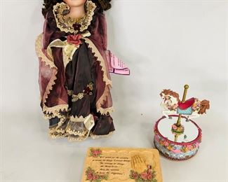 Goldenvale Collection Porcelain Doll, Serenity Prayer Music Box and Carousel Horse Music Box
