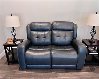 Leather Reclining Loveseat and End Tables