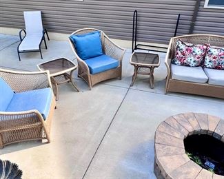 Outdoor Wicker Chairs, Table and Loveseat with Cushions and Sling Chaise Lounge