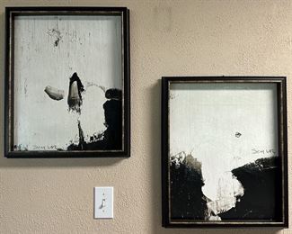 Pair Minimal Neutral Black Splatter Paintings