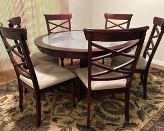 Solid Wood Table w/ Granite Insert & 6- Solid Wood Upholstered Chairs