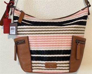 Fossil Pink Stripe w/ Leather Trim Handbag