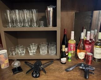 Bar Ware: Bottles, Glasses, Tools, as pictured