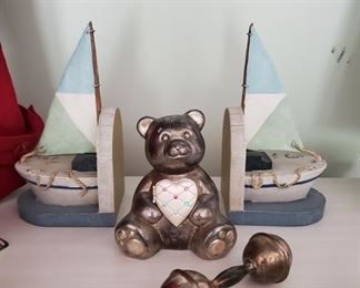 Baby Jewles - Silver Plated Teddy Bear Bank and boat bookends. 