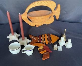 Teak Fish Bird Trivet Glasses